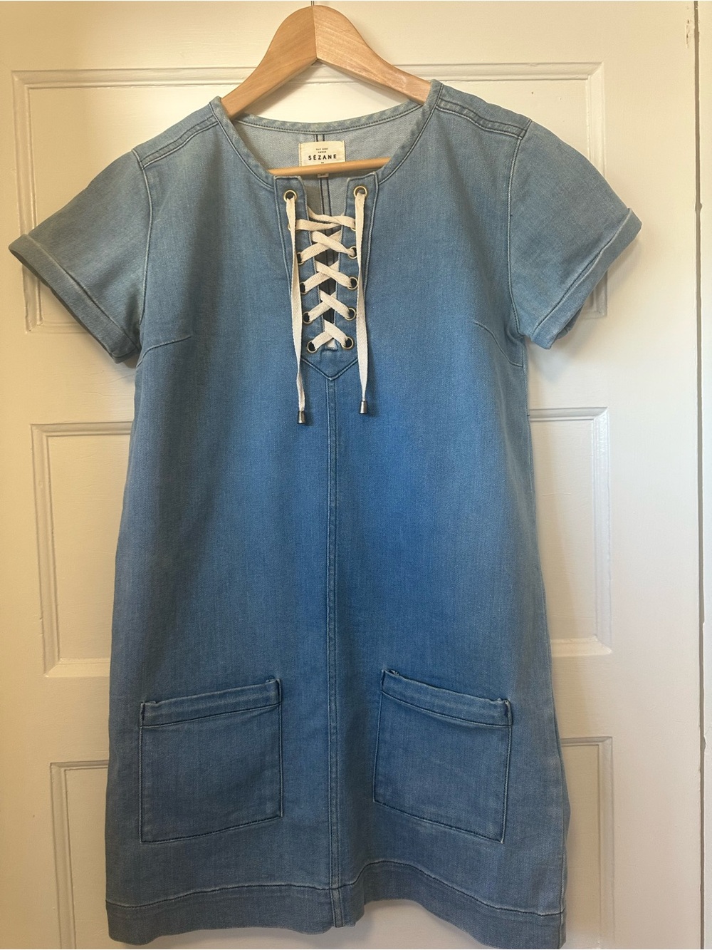 SEZANE Light Blue Lace-Up Denim Pocket shift Dress- 36